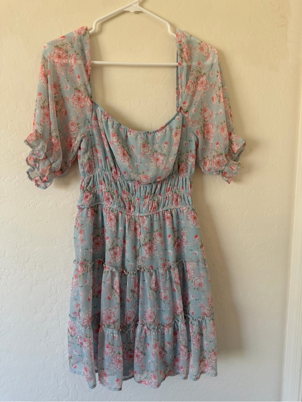 Blue Floral Midi Dress with Pink Roses - Picture 4 of 7